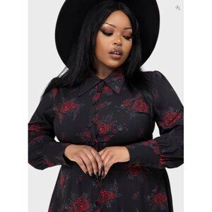 Weekend Black Floral Whimsy Goth Floral Twee Long Sleeve Dress With Ruffle